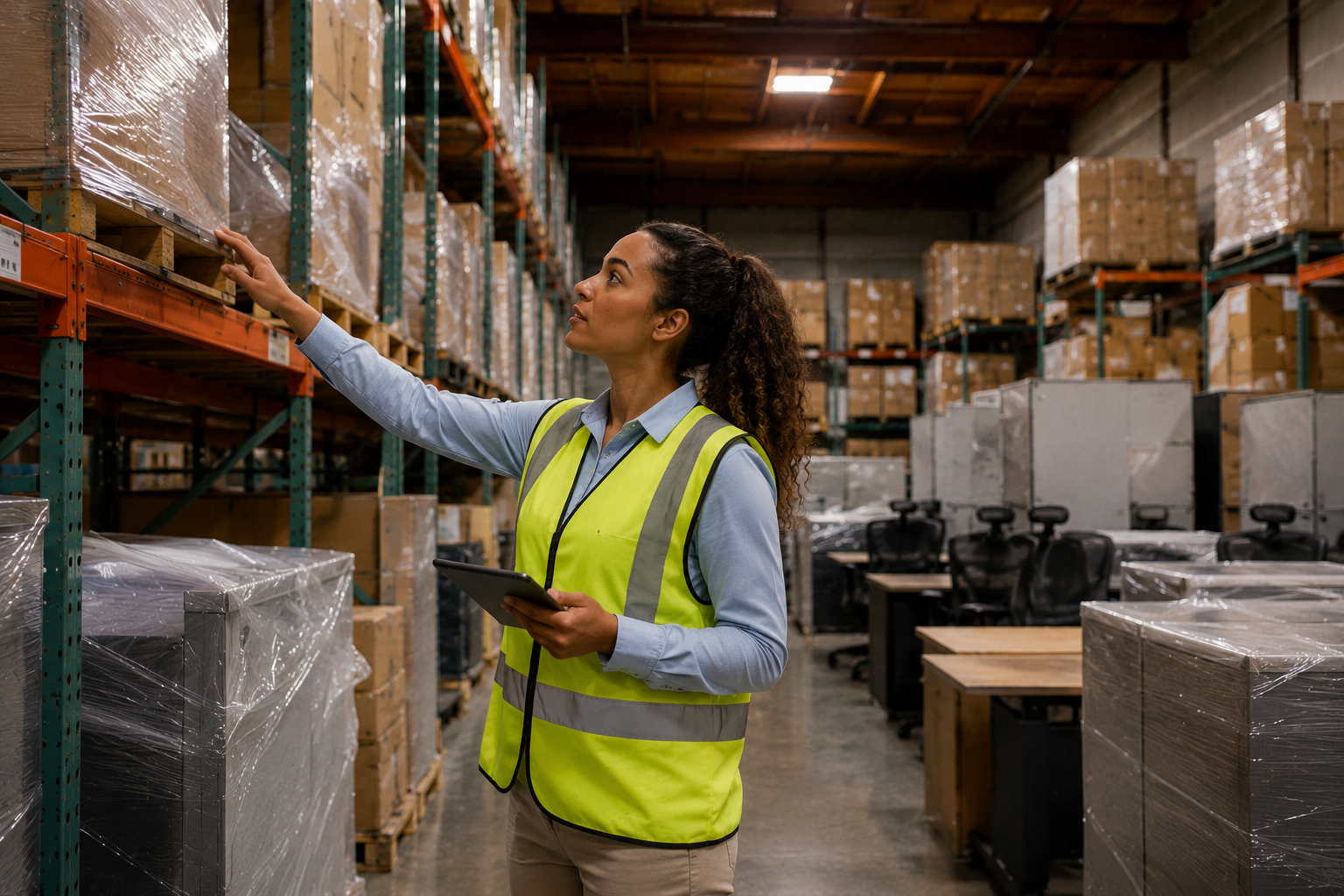 Reliant warehouse staffer in a hi-vis vest checking pallet-racked inventory with a tablet, with stored office furniture and task chairs in the background