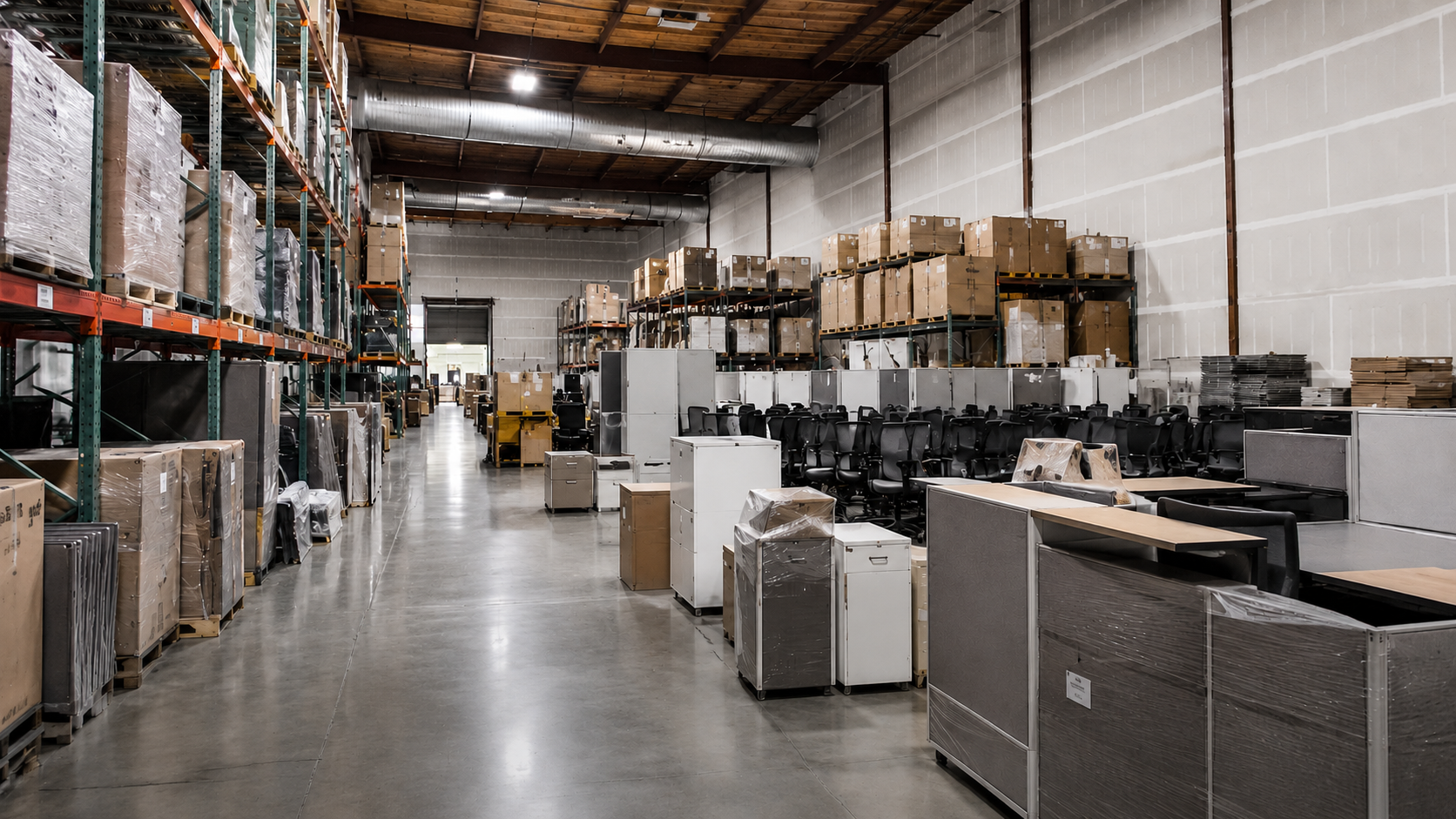 Reliant warehouse aisle lined with pallet racking and staged office furniture and equipment